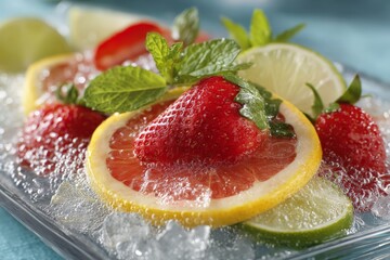 Poster - Fresh fruit garnish displayed on ice with bubbles for a refreshing summer beverage at a sunny outdoor gathering