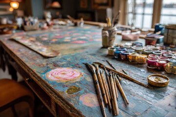 Poster - Artistic workspace filled with colorful paints and brushes at a creative studio on a bright afternoon