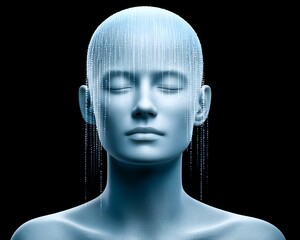 Poster - Holographic portrait of a digital consciousness, a human face dissolving into streams of data and light particles, futuristic ethereal glow, abstract cyber-art, conceptual AI identity, ultra-HD