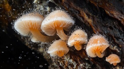 Aufkleber - A close-up of a mushroom family growing on a decaying tree, with mist and tiny water droplets