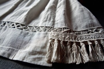Leinwandbilder - Detail of handmade textile showcasing intricate embroidery and fringe design on a natural fabric in warm light