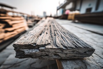 Aufkleber - Focus on weathered wood planks at a construction site during golden hour with soft light illuminating the textures