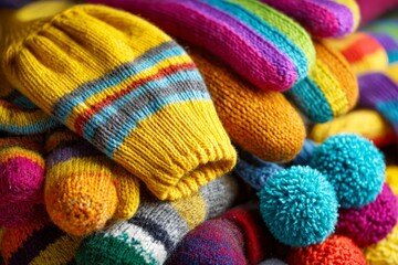 Poster - Colorful knitted mittens and hats stacked together in a vibrant display for winter warmth and fashion
