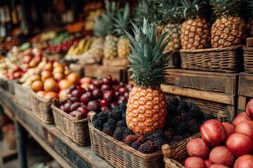Poster - Colorful assortment of fresh fruits at a local market in the morning hours