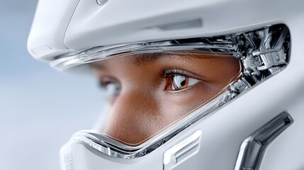Poster - Close-up portrait of a genetically enhanced astronaut with a sleek, high-tech helmet displaying real-time planetary data, deep-space reflections, hyper-detailed textures, cinematic sci-fi aesthetic