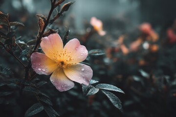 Aufkleber - Beautiful flower with delicate petals surrounded by lush greenery after a rain shower in a peaceful garden setting at dawn