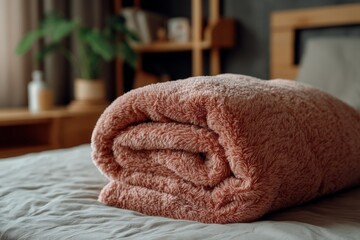 Poster - Soft pink blanket neatly folded on a cozy bed in a well-decorated bedroom with a touch of greenery