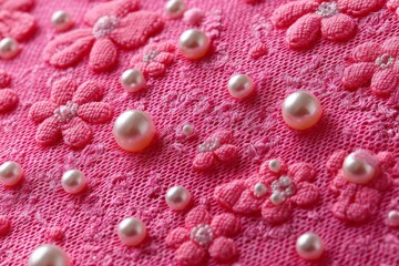 Poster - Delicate pink fabric adorned with floral embroidery and pearls captures elegance in detail