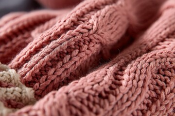 Poster - Detailed close-up of a soft knitted fabric showcasing intricate patterns and warm tones for cozy textiles