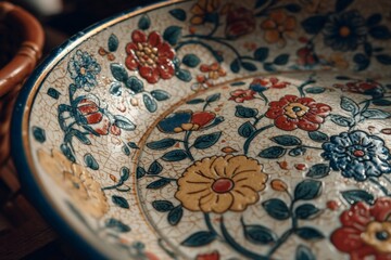 Poster - Decorative ceramic plate with intricate floral designs displayed indoors, showcasing craftsmanship and artistry in a warm setting