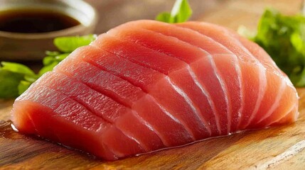 Poster - A close-up view of a piece of vibrant tuna sashimi delicately placed on a traditional wooden board, garnished with shiso leaves and a side of soy sauce.