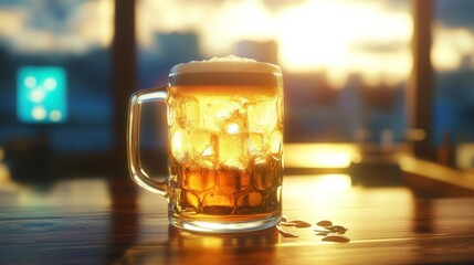 Poster - A cold glass of beer with ice sitting on a wooden bar, condensation pooling at the base