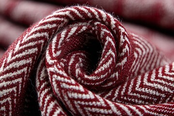 Poster - Textured fabric showcasing intricate red and white zigzag pattern with close-up details of woven threads and craftsmanship