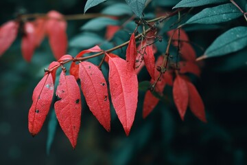 Aufkleber - Vibrant red leaves glisten in the autumn sunlight in a tranquil forest setting during the fall season