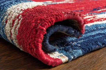 Poster - Colorful handwoven rug rolled up on a wooden floor showcasing intricate patterns and textures in a cozy indoor setting