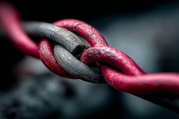 Aufkleber - Close-up of intertwined metal chain links showing red and black colors in a detailed view