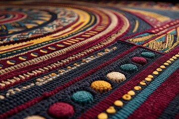 Poster - Detailed handwoven textile showcasing intricate patterns and vibrant colors in a cozy indoor setting during the afternoon