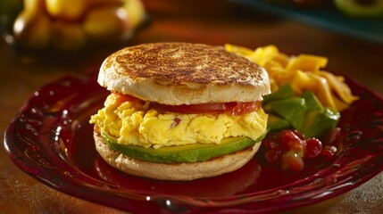 Poster - A colorful shot of a breakfast sandwich with scrambled eggs, cheese, and avocado on a toasted English muffin, served with a side of fresh fruit.