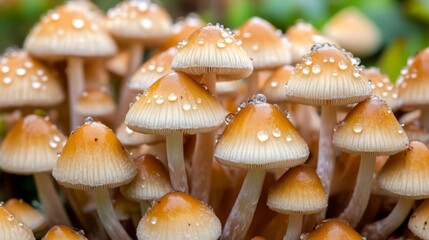 Poster - A cluster of wild mushrooms with raindrops sliding off their caps, creating a mystical atmosphere