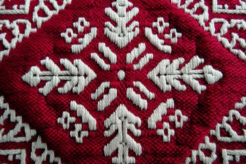 Poster - Traditional textile artwork featuring intricate red and white embroidery patterns