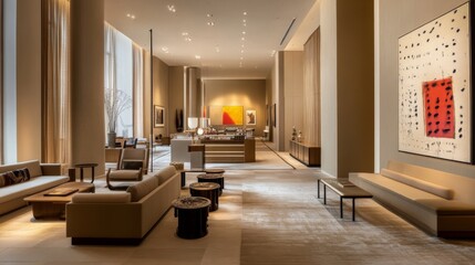 Poster - A contemporary open-concept hall with sleek furniture, neutral tones, and modern art on the walls