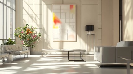 Aufkleber - A contemporary open-concept hall with sleek furniture, neutral tones, and modern art on the walls