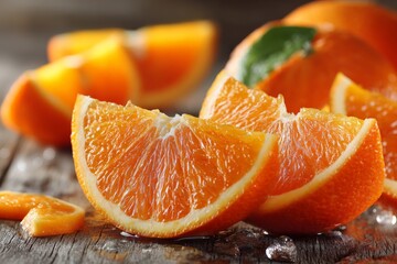 Poster - Freshly sliced oranges arranged on a wooden table with juice droplets glistening in natural light