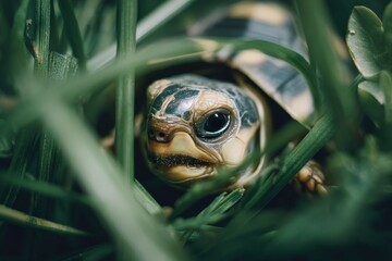 Poster - Small tortoise exploring lush green grass in a garden during daylight hours