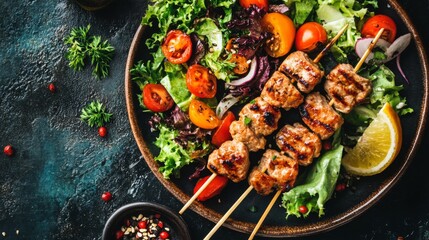 Poster - A cozy arrangement of grilled yakitori skewers on a ceramic dish, served with a side of refreshing salad, highlighting a delicious and healthy Japanese meal.