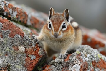 Poster - Cute chipmunk climbing on rocky surface in natural habitat during daylight