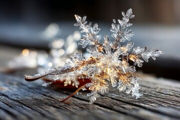 Poster - Intricate snowflake resting on weathered wood with warm light reflections during winter