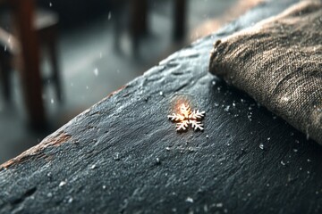 Poster - Snowflake rests on dark wooden table during winter inside cozy cabin with soft fabric nearby