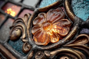Poster - Stained glass floral design with vibrant colors illuminated by sunlight