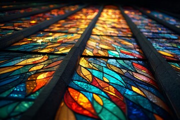 Poster - Stained glass window creating a colorful display of light in a historic building