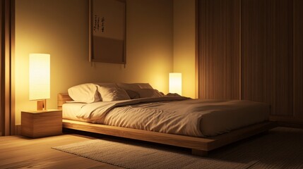 Poster - A cozy minimalist bedroom featuring a low wooden bed frame, soft linen bedding, and a simple bedside lamp