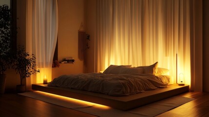 Poster - A cozy minimalist bedroom with a low platform bed, sheer curtains, and warm ambient lighting