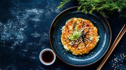 Poster - A cozy setting featuring a plate of okonomiyaki accompanied by a small bowl of dipping sauce and chopsticks, highlighting a delicious Japanese dining experience.