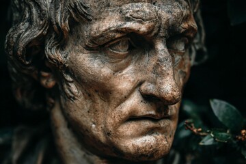 Poster - Detailed close-up of an ancient stone sculpture depicting a pensive figure amidst foliage in a serene garden setting