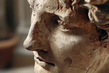 Poster - Detailed study of an aged sculpture's profile showcasing intricate features and the passage of time in a museum setting