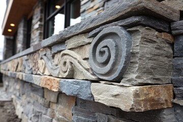 Poster - Decorative stonework on building facade showcasing intricate carvings in a modern architectural style