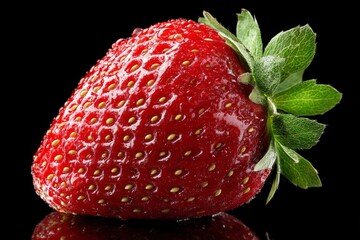 Poster - Fresh red strawberry with vibrant color and texture illuminated against a black background
