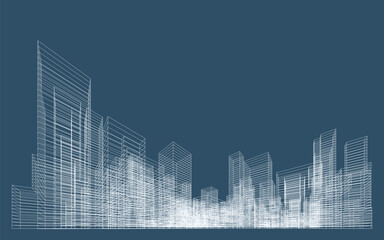 Poster - 3d wireframe perspective of building. abstract wireframe city background for template design. vector