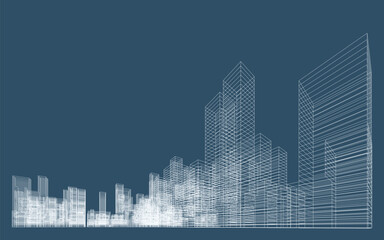 Poster - 3d wireframe perspective of building. abstract wireframe city background for template design. vector