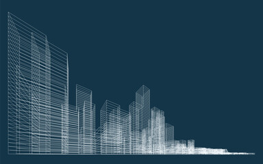 Poster - 3d wireframe perspective of building. abstract wireframe city background for template design. vector