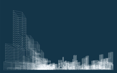 Poster - 3d wireframe perspective of building. abstract wireframe city background for template design. vector