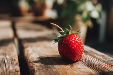 Poster - Fresh strawberry resting on a wooden table surrounded by greenery in a sunlit setting