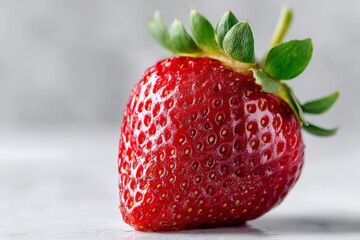 Poster - Fresh red strawberry resting on a light surface with vibrant green leaves in a well-lit setting during daytime