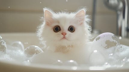 Poster - A cute white cat standing in a bubble-filled bathtub, looking confused but adorable
