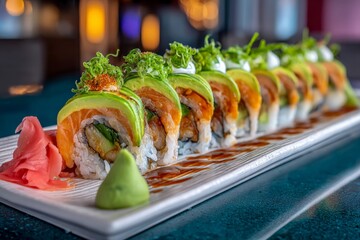 Aufkleber - Colorful sushi rolls served on a stylish plate in a modern restaurant setting during lunchtime