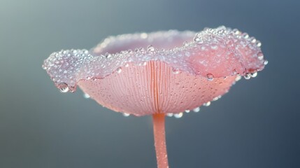Aufkleber - A delicate mushroom with a thin stem and a wide cap, covered in dew drops during sunrise